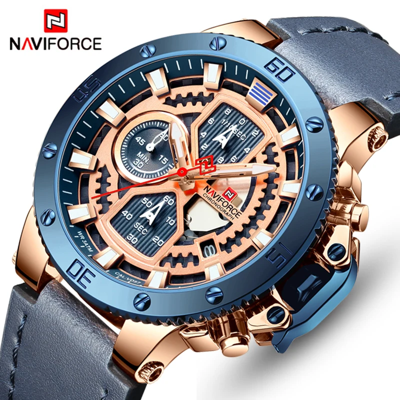 Часы мужские модные спортивные часы NAVIFORCE топ класса люкс кожаные