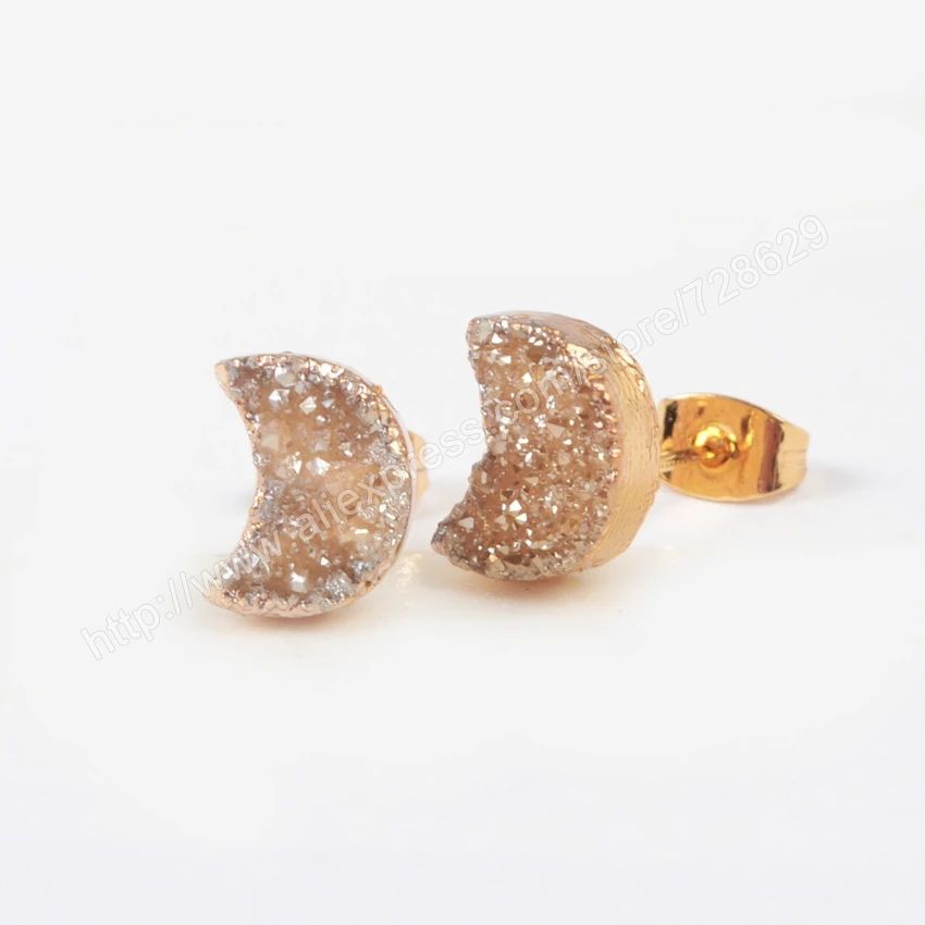 5pcs Gold Color Moon Natural Crystal Titanium Mix Druzy Stud Earrings High Quality Drusy Jewelry Free Shipping G0913 | Украшения и