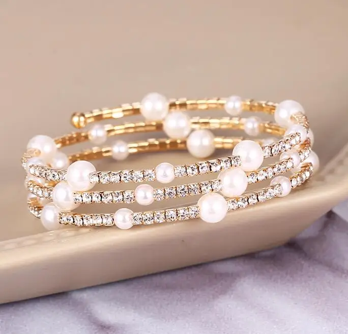 Gold Bangle HOCOLE золото/серебро Цвет Металл Кристалл жемчужные браслеты для женщин Мода Стразы браслет свадебные украшения для вечеринки - Окраска металла: Gold Bangle