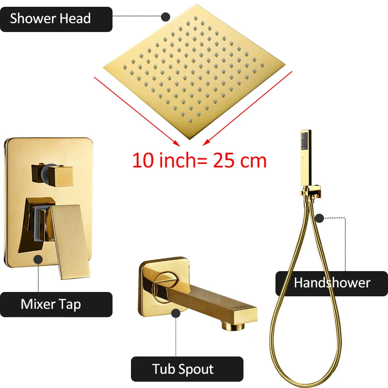 10 inch full set Quyanre Золотой смеситель для душа комплект настенное крепление ультратонкая Душевая насадка горячей и холодной воды, 3-х полосная смесителя ванной носик Ванная комната Золотой набор для душа - Цвет: 10 inch full set