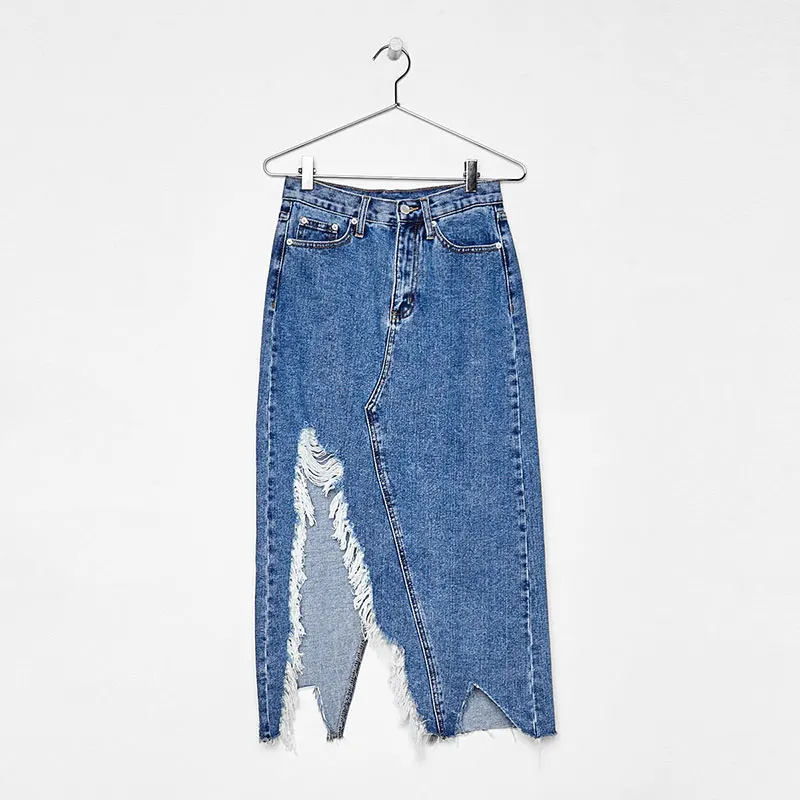 HYH HAOYIHUI асимметричная джинсовая юбка с разрезом повседневная до середины икры в