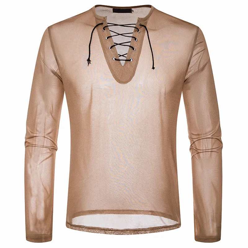 Для мужчин футболка с длинными рукавами 2018 Осень Новая мода пряжи пикантные v