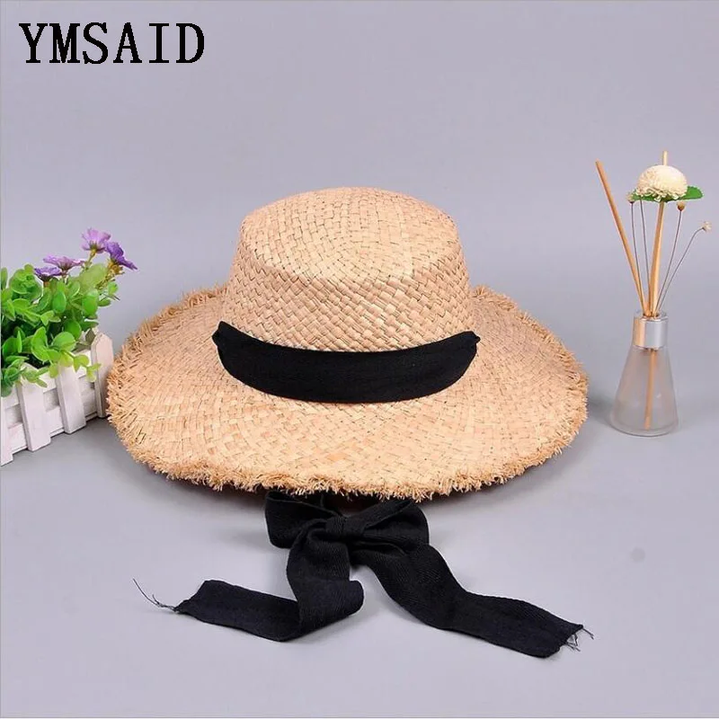 

Ymsaid Fashion Women Summer Hats Large Raffia Straw Hat Lace Ribbon Lace-Beach Caps Fashion Ladies Floppy Panama Sun Hat