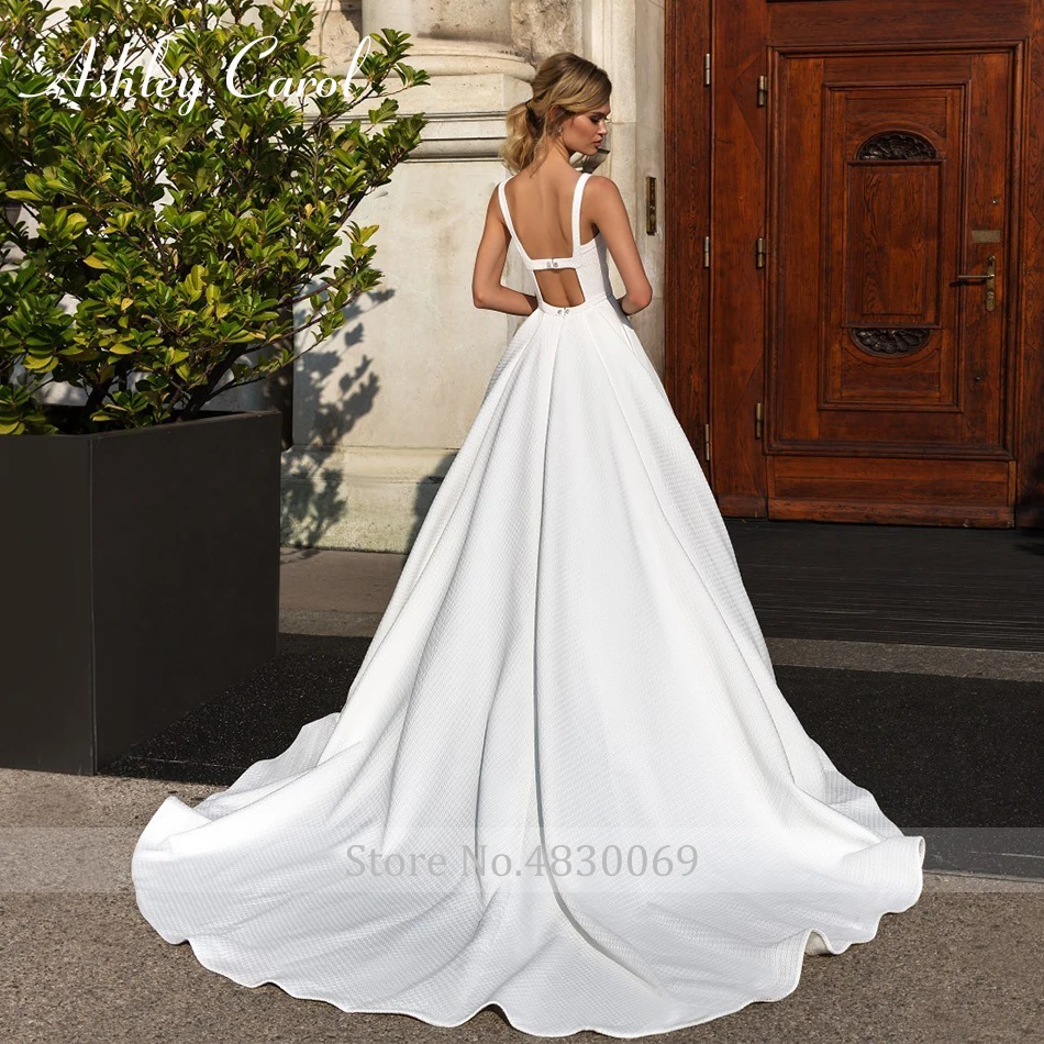 Ashley Carol Graceful Scoop Satin Sexy Backless Wedding Dress Vintage Court Train Simple Wedding Gowns Vestido De Novia