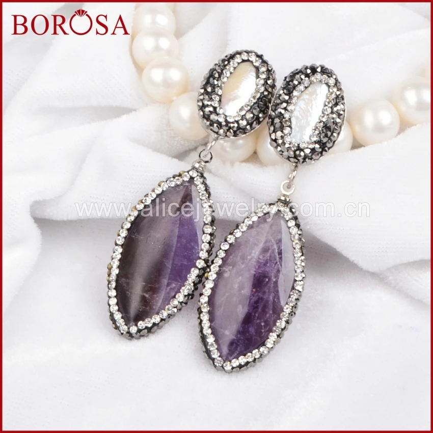 Borosa ручной работы Drusy висячие серьги натуральный жемчуг & amethyформа аметисты