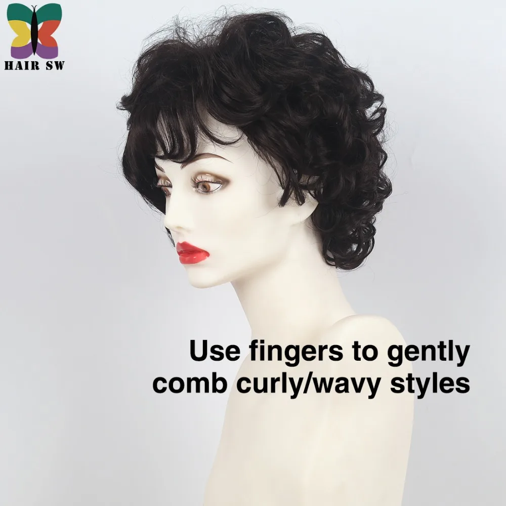 

HAIR SW Synthetic Women's Curly Ends Short Fiber Wig Natural Black With Layered bangs