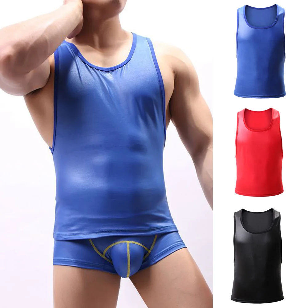Мужская спортивная майка из искусственной кожи с круглым вырезом без рукавов