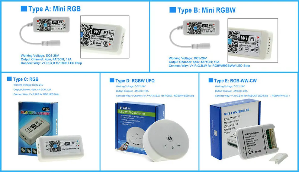 RGB RGBW RGB-WW-CW Wifi светодиодный контроллер 12 В 24 в 16 миллионов цветов музыка и таймер Wifi управление для RGB RGBW Светодиодная лента
