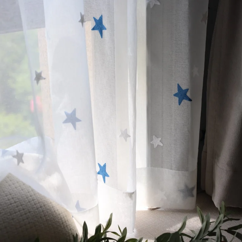 Embroidered Blue Star Tulle Curtains For Living Room Soft Sheer Curtains For Window Bedroom Curtains Fabrics Drapes 300&30