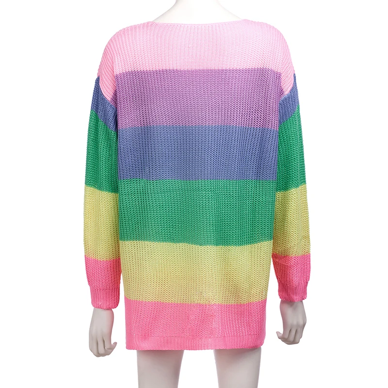

Women Autumn Winter Long Sleeve O Neck Rainbow Color Patchwork Pullover Knitted Sweaters Ladies Casual Loose Knitwear SJ3517M