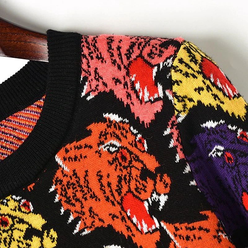 2018 New European And American Style Multicolor Tiger Head Knitted Sweater Straight Round Neck Female Thick Section | Женская одежда