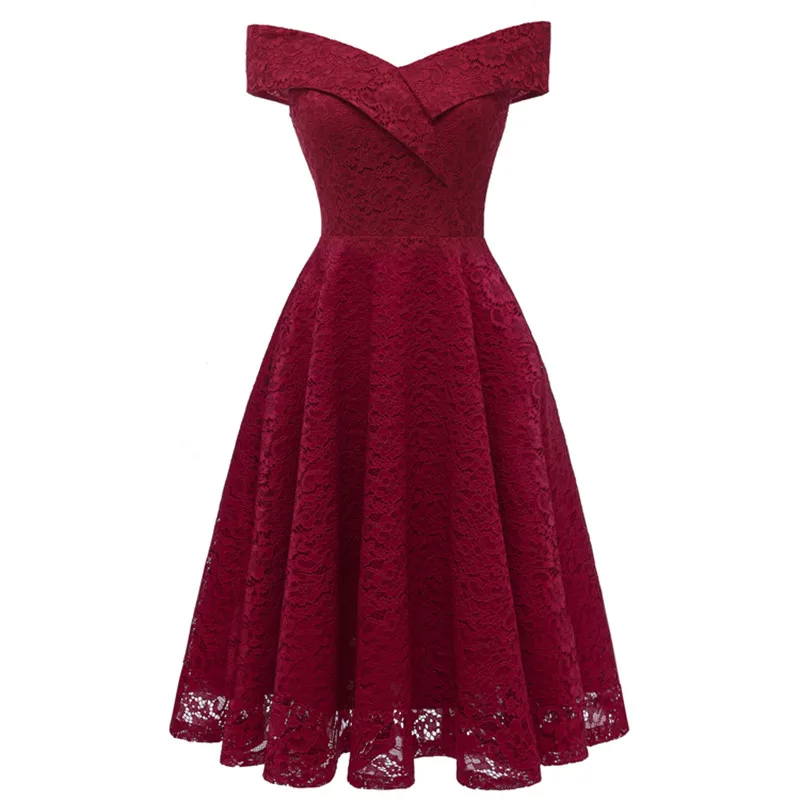 Wine Red Летнее кружевное женское платье с открытыми плечами винтажное элегантное однотонное миди вечернее платье сексуальное бальное платье с круглым вырезом с коротким рукавом - Цвет: Wine Red