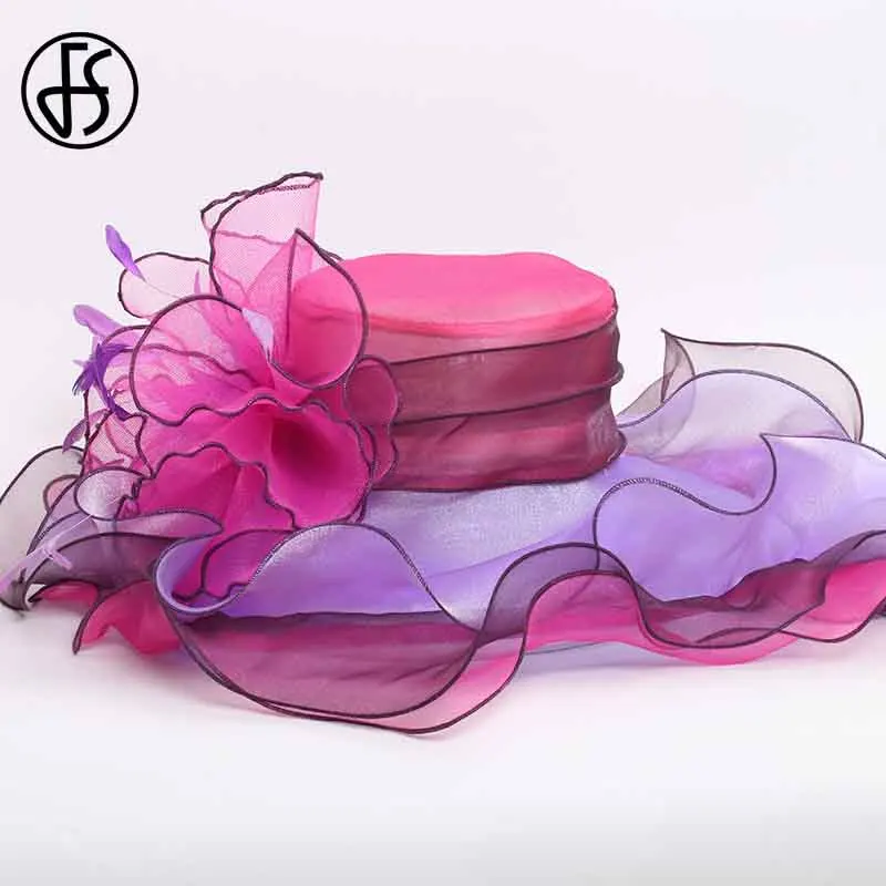 Rose Sun Hat FS розовый Кентукки Дерби шляпа для женщин органзы с большими широкими полями пляжные шляпы с цветами элегантные женские свадебные церковные вечерние фетровые шляпы - Цвет: Rose Sun Hat
