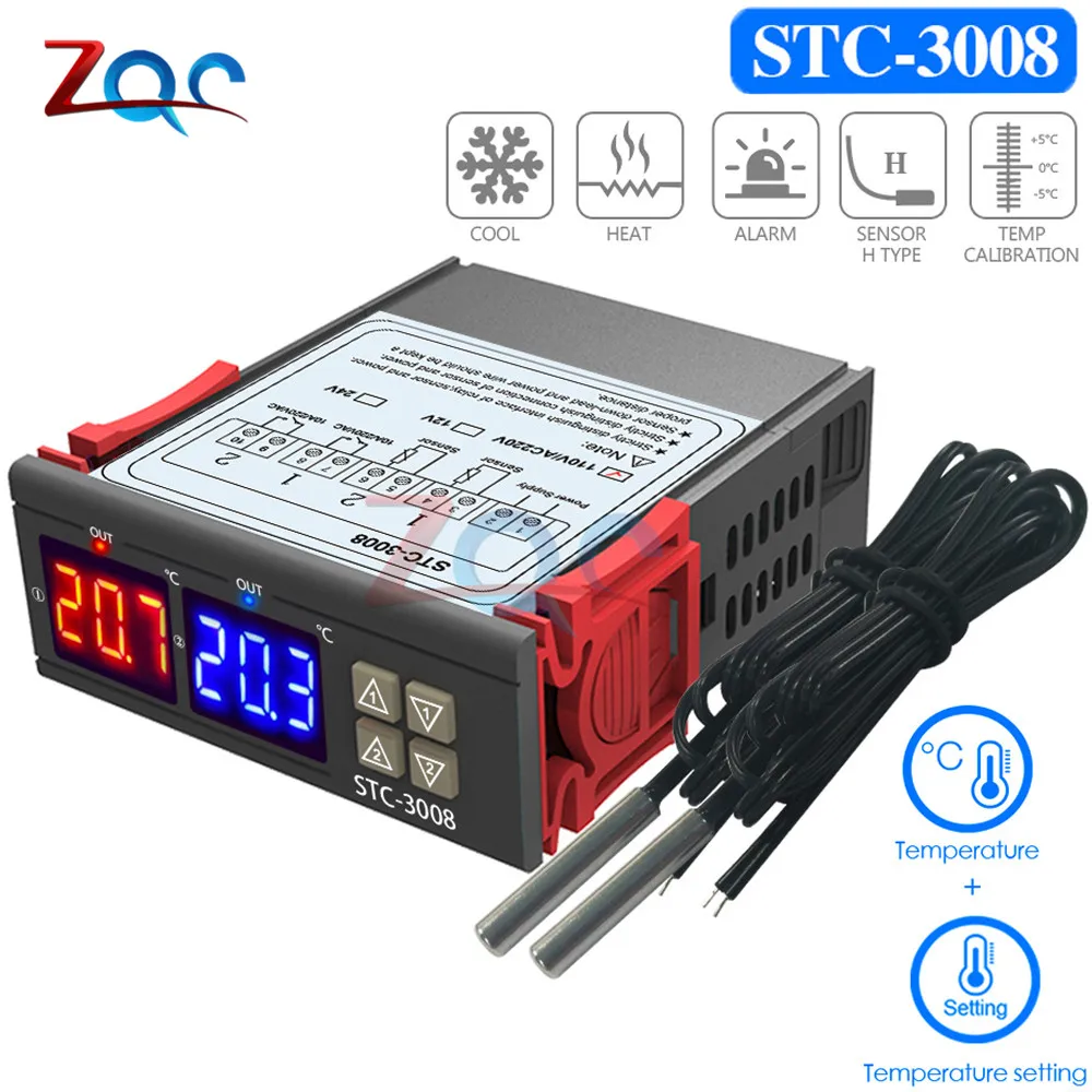 

Dual Digital Temperature Controller Thermostat Thermoregulator Incubator Probe 10A Heating Cooling Two Relay 12V 24V 110V 220V