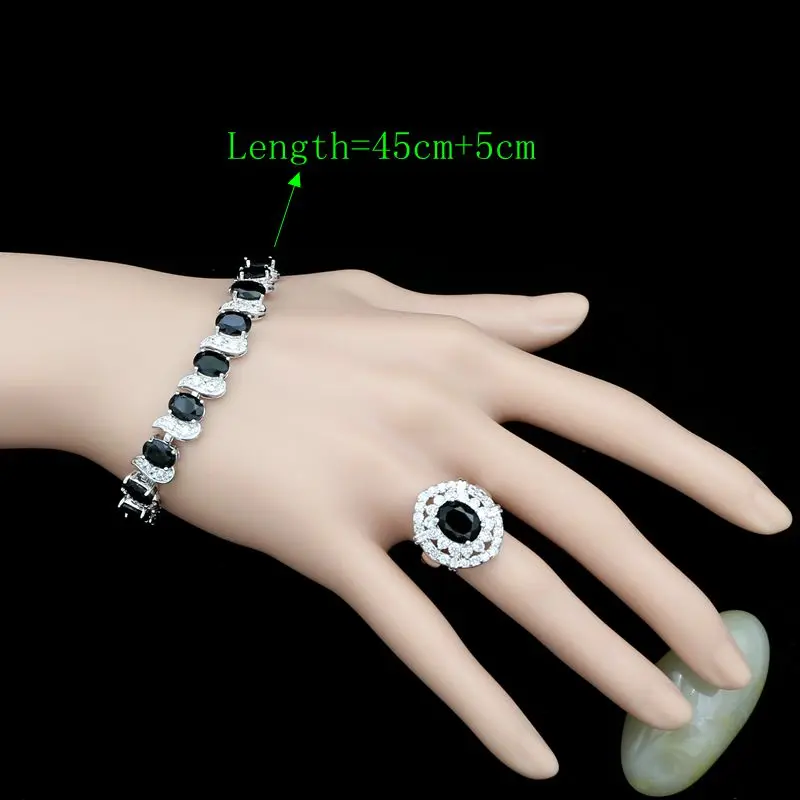 Round 925 Sterling Silver Jewelry Sets For Women Black Cubic Zirconia White Crystal Earrings/Pendant/Necklace/Ring/Bracelet | Украшения и