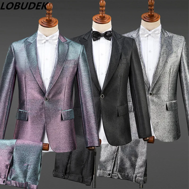 

Bright Purple Men's Suits Fashion Slim Blazers Pants Sets Formal Wedding Groom Dress Male Singer Host Costume Chorus Stage Wears