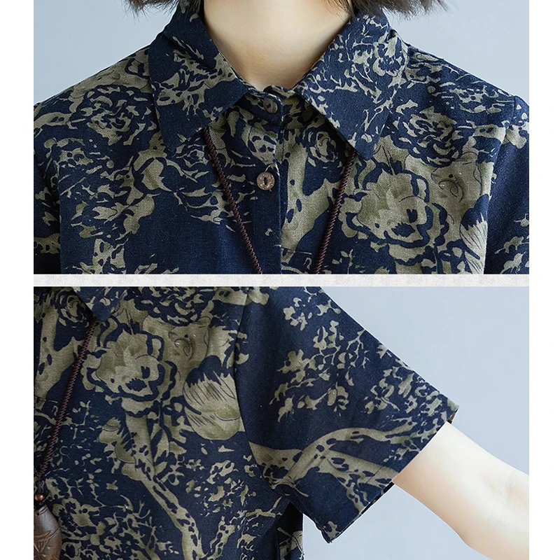 2019 Summer New Two-Piece Sets Vintage Printed Cotton and Linen Suit Loose Short Sleeve Top Pants Fashion Plus size Female |
