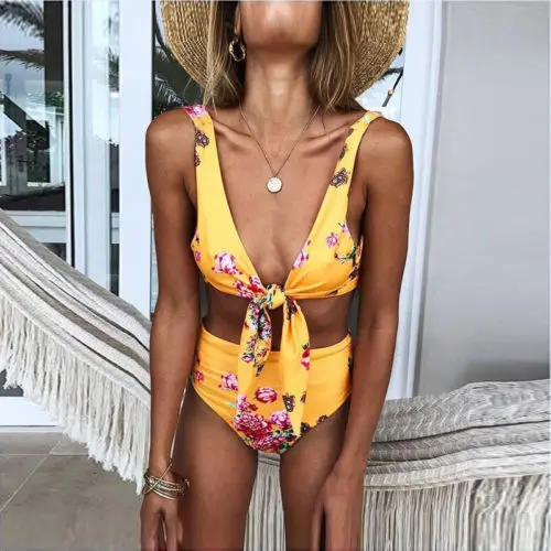 

2018 New Women High Floral Bandge Waist Bikini Set Push Up Padded Ladies Swimsuit Bathing Suit Swimwear