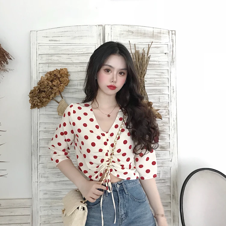 Милые blusas модные брендовые женские летние блузы в горошек рубашки уличном стиле