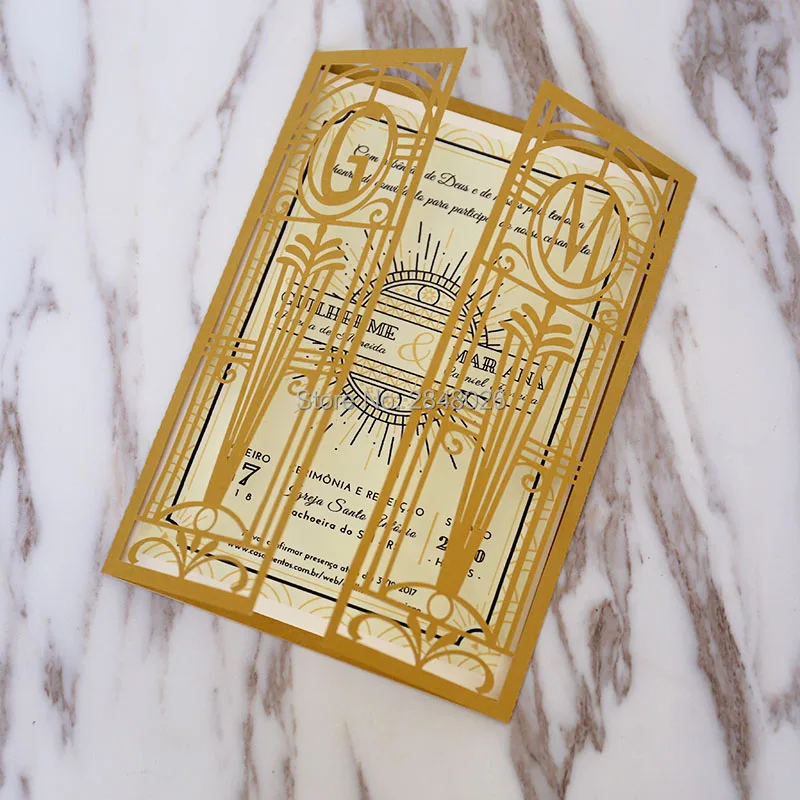 Индивидуальные монограмма Золотой Lasercut ворота лазерная резка, для свадьбы Приглашение, персонализированные печатные складывающиеся открытки