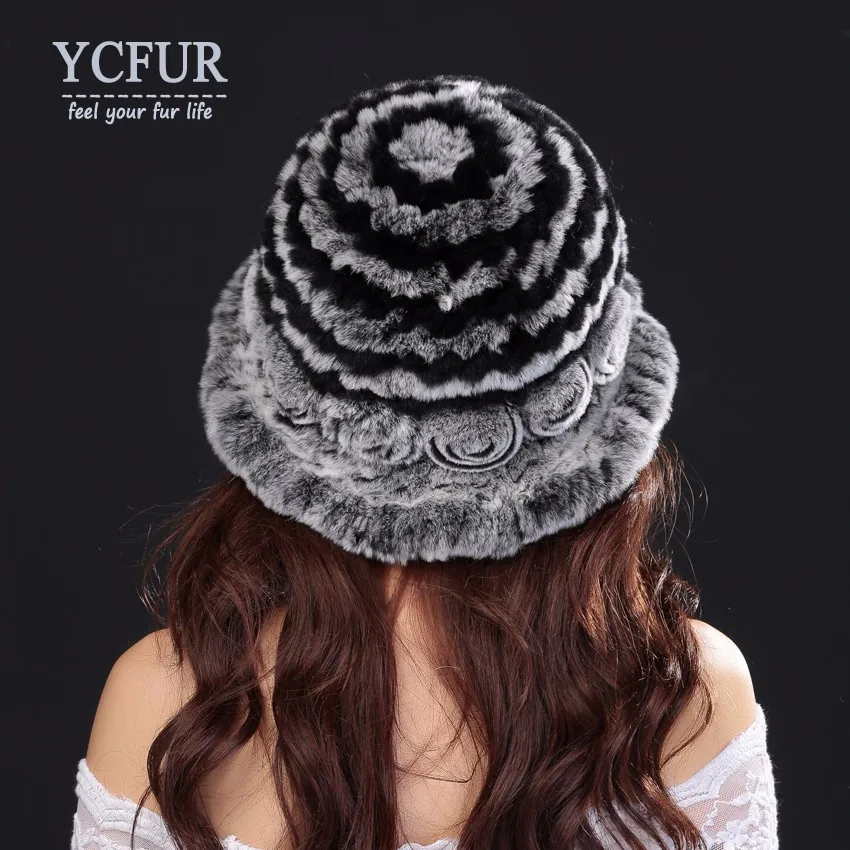 YC Fur, модные женские шапки, теплые зимние вязаные шапки из меха кролика Рекс, шапки с цветами, теплые мягкие береты из натурального меха для женщин