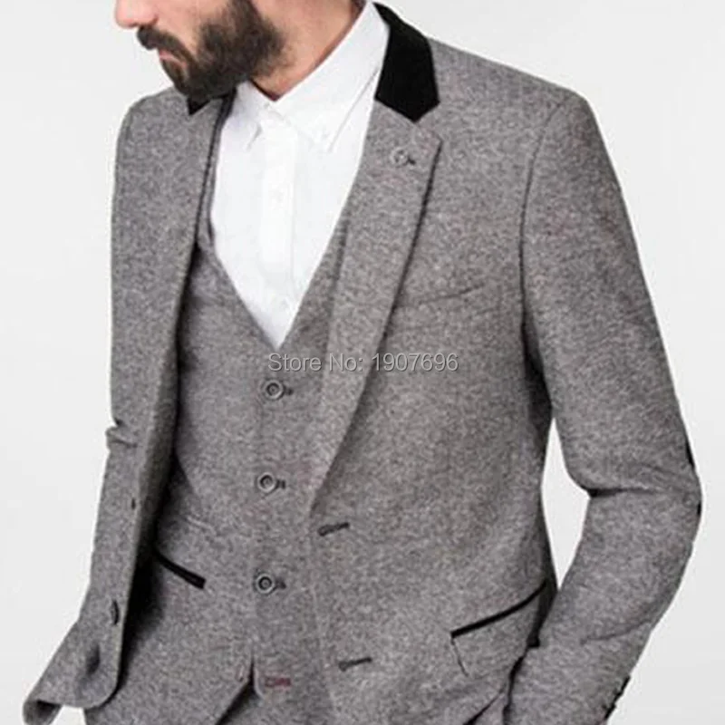Серые Зимние шерстяные твидовые мужские свадебные костюмы смокинг жениха 3