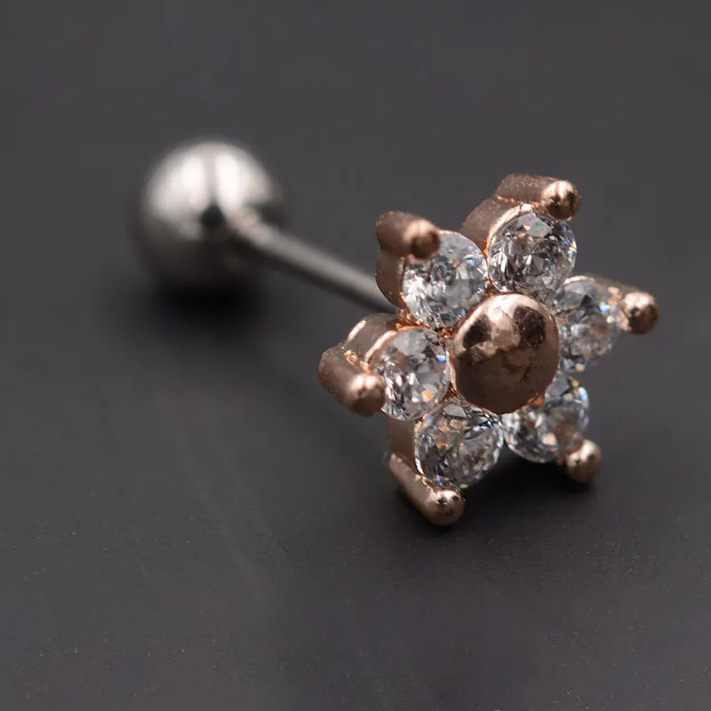 Rose Gold 2 шт./лот, серьги-гвоздики с кристаллами и цветами, серьги-гвоздики для хряща, пирсинг на спирали, 16 датчиков, хирургические стальные серьги-гвоздики, кольца для губ, гвозди - Окраска металла: Rose Gold