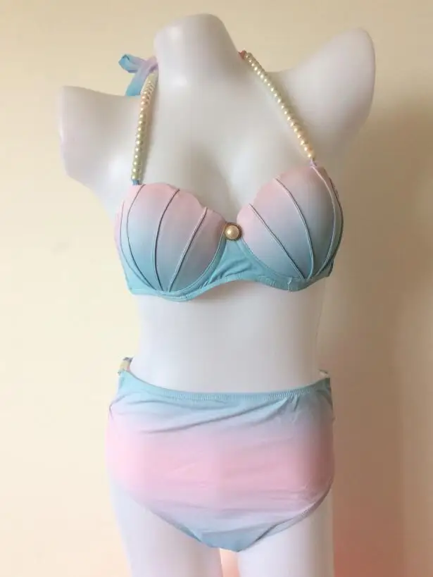 Hot Women Mermaid High Waisted Shell Bikini With Pearl Straps Swimsuit Push up Padded Sexy Bra Bathing Suit Swimwear Set