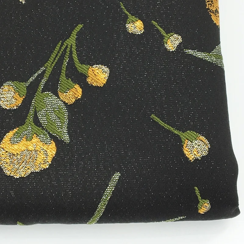 Черный фон золотая нить вышитый цветок жаккардовая ткань для платья модные