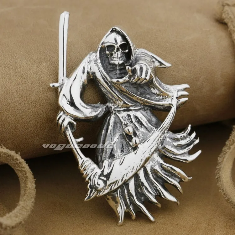 LINSION 925 пробы Серебряный Большой Grim Reaper Scythe Death мужской Байкер в стиле рок панк кулон 9H012