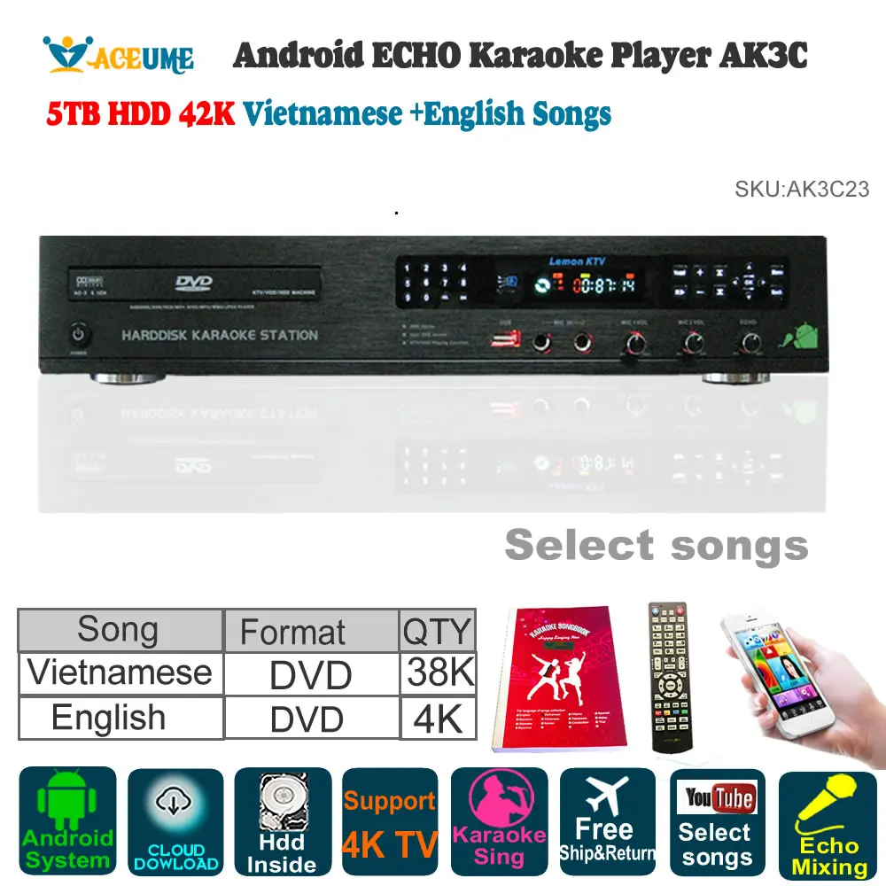 Android облачный караоке плеер/Jukebox 5 ТБ HDD 42K английский (4K) вьетнамский (38K) Songds ECHO DVD