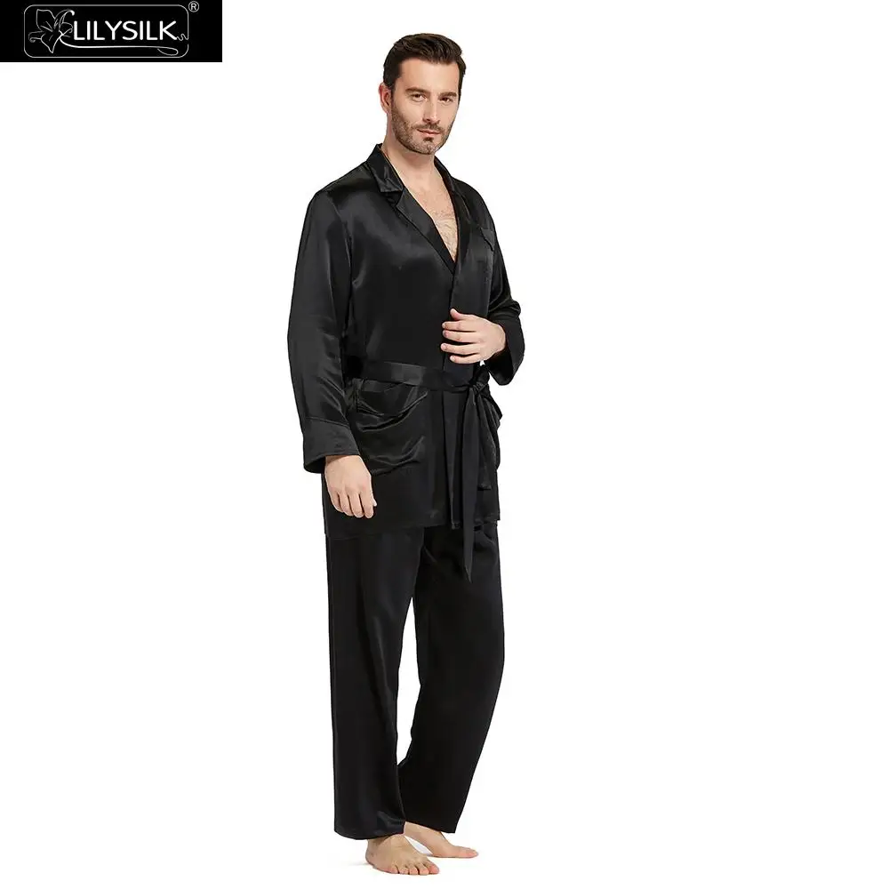 Black LilySilk пижамный комплект для мужчин 100 чистый шелк 22 momme халат стиль пижамы с длинными рукавами Роскошный натуральный мужская одежда - Цвет: Black