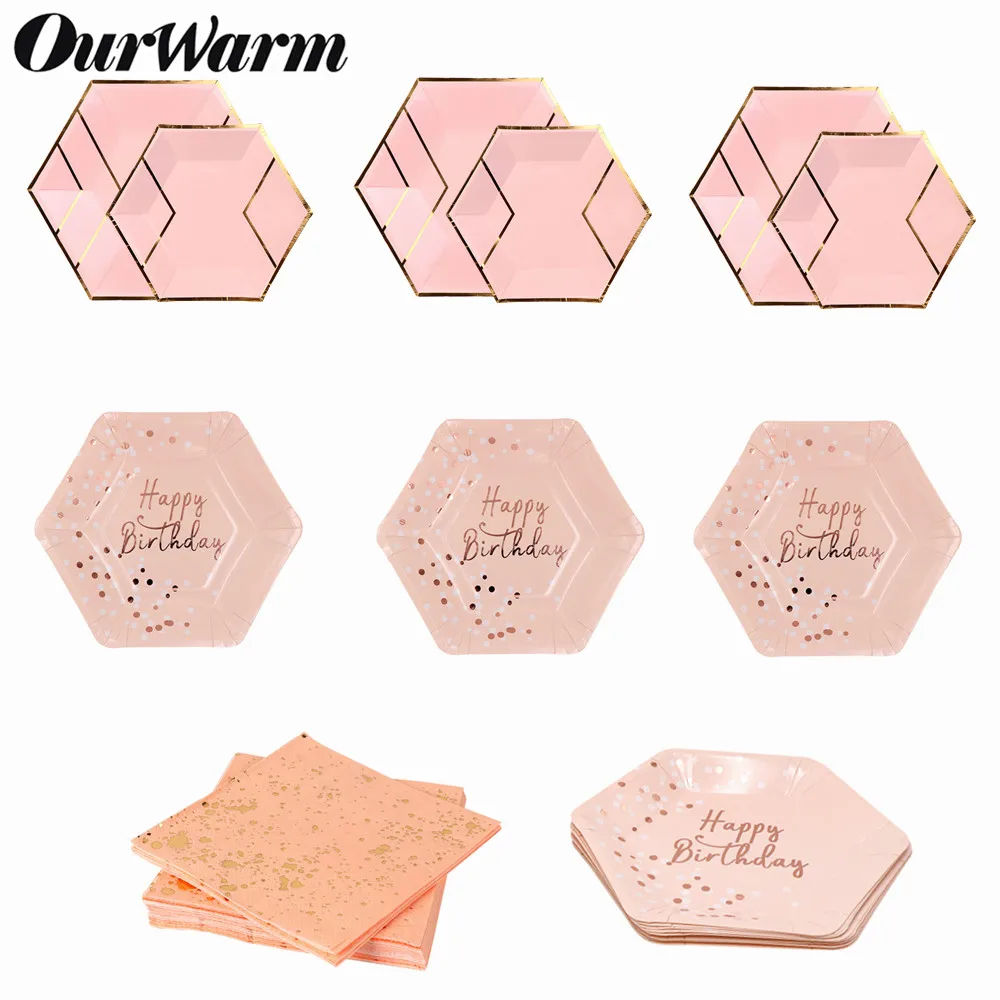 OurWarm розовый одноразовые бумага тарелки для торта таблички позолота одноразовые салфетки свадьба день рождения Детские вечерние украшения стола