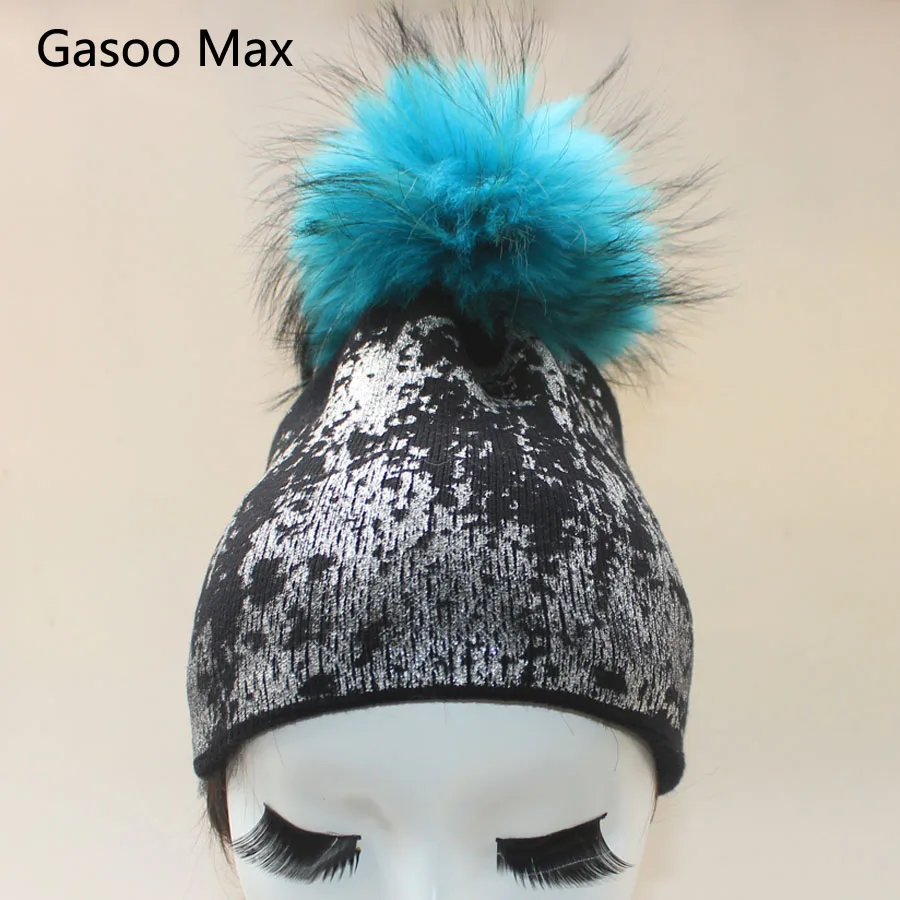 Шапка бини 2017 Женская Золотая и серебряная металлическая шапка с помпоном из