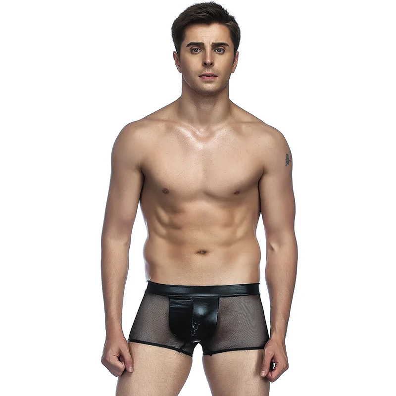 Мужские прозрачные сетчатые трусы шорты Ropa Interior Hombre черные кожаные сексуальное