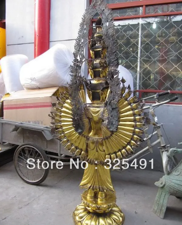 71 тибетская бронзовая позолоченная позолота 1000 руки Avalokitesvara Kwan-Yin Будда Гуаньинь
