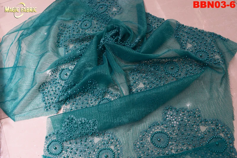 

2017 Fashion teal African French Net Lace Fabric With beads Nigerian Embroidery Tulle Lace Fabric For Party BBN03