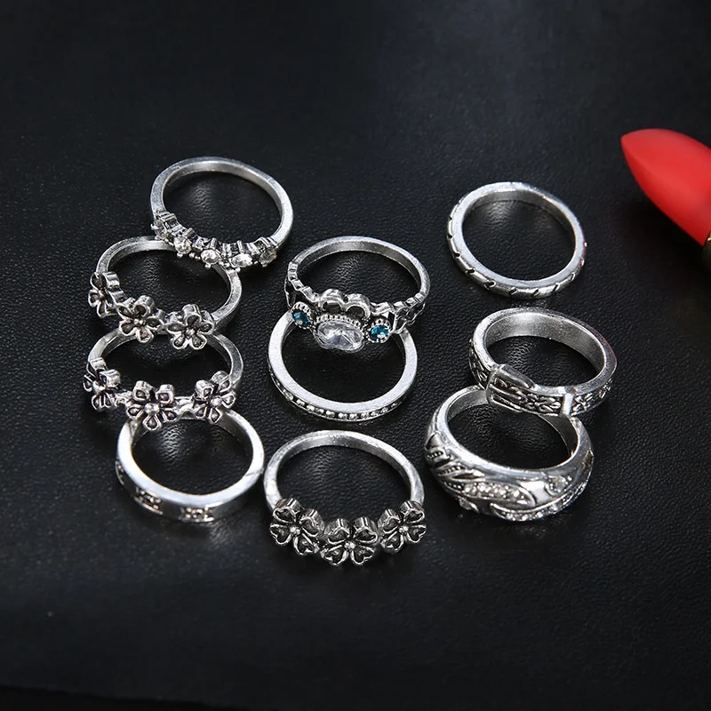 10 pieces / set of bohemian beach retro flower pattern lotus wave gems geometric crystal ring ladies charm accessories | Украшения и
