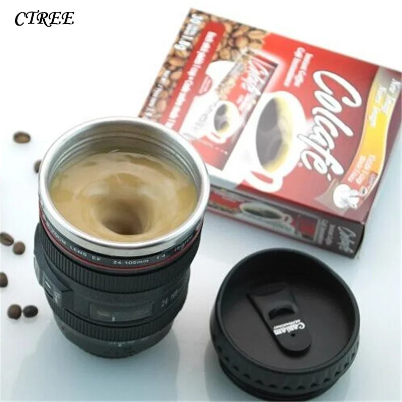 

CTREE 1Pcs Creative Stainless Steel Camera Lens 24-105mm 1:1 Scale Automatic Mixing Coffee Cup Mug 400ML Cups Mugs With Lid C385