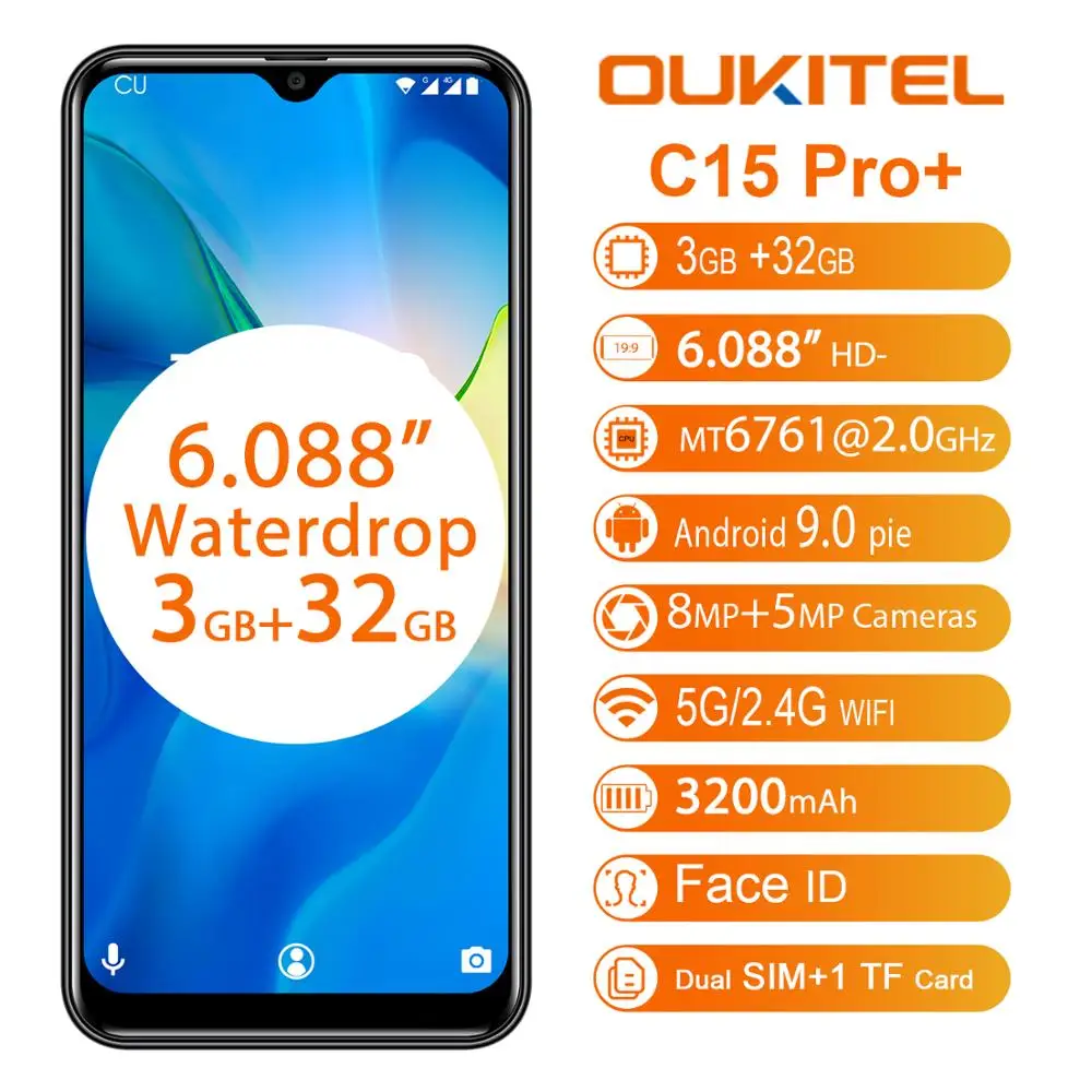 OUKITEL C15 Pro + 2 4G/5G WiFi 4G LTE Смартфон Android 9 0 MT6761 отпечаток пальца Лицо ID капли воды экран