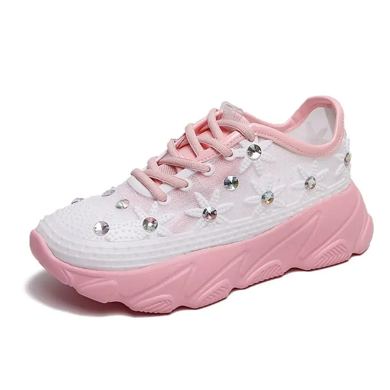 Pink YIXIE2019; сезон весна-лето; Новинка; дышащая модная спортивная обувь; удобная повседневная женская обувь на плоской подошве с цветком из стразов - Цвет: Pink