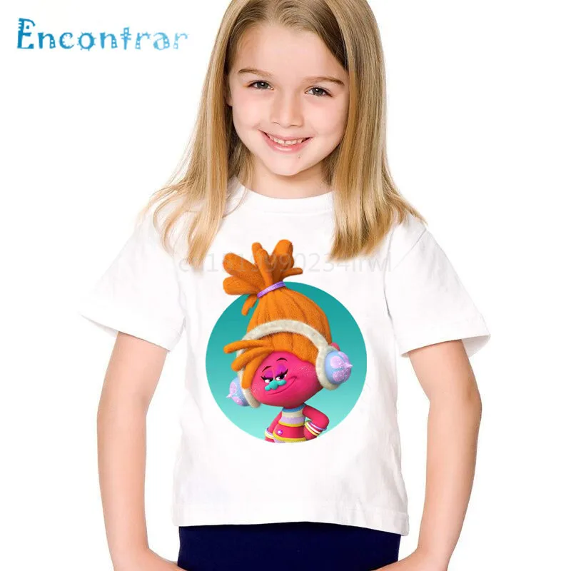 Детские забавные розовые футболки с рисунком троллей Детская летняя футболка