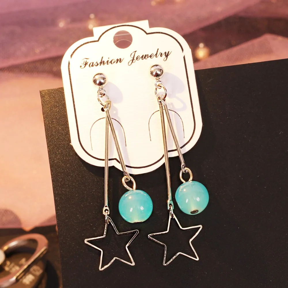 Синий акрил бусины и полые звезда длинные серьги для женщин анти аллергия сплав