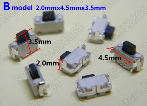 

Бесплатная доставка 100 шт. 2,0*4,5*3,5 мм, 2,0x4,5x3,5 мм SMD кнопочный переключатель/тактовый переключатель/микро переключатель (Модель B)