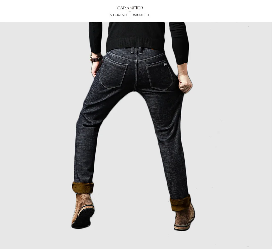 CARANFIER 2pcs New Men's Winter Brand Jeans Warm Slim Fit Denim Pants Male Balck Blue Thicken Trousers Jeans Big Size 44 46