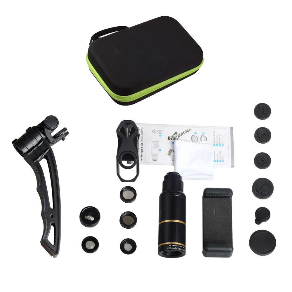 

APEXEL Phone Camera Lens Kit Optical Metal 16x Telescope telephoto lens+selfie tripod+5 in 1 lens for Samsung iphone all smartph