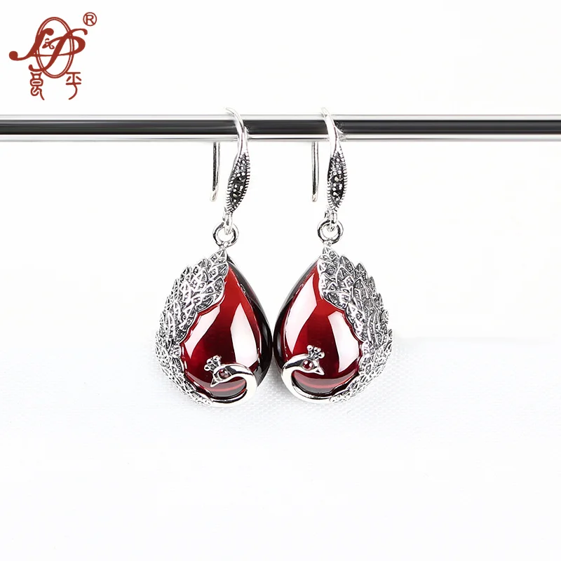 Серьги подвески женские из серебра 925 пробы с красным корундом|drop earrings|earrings forearrings