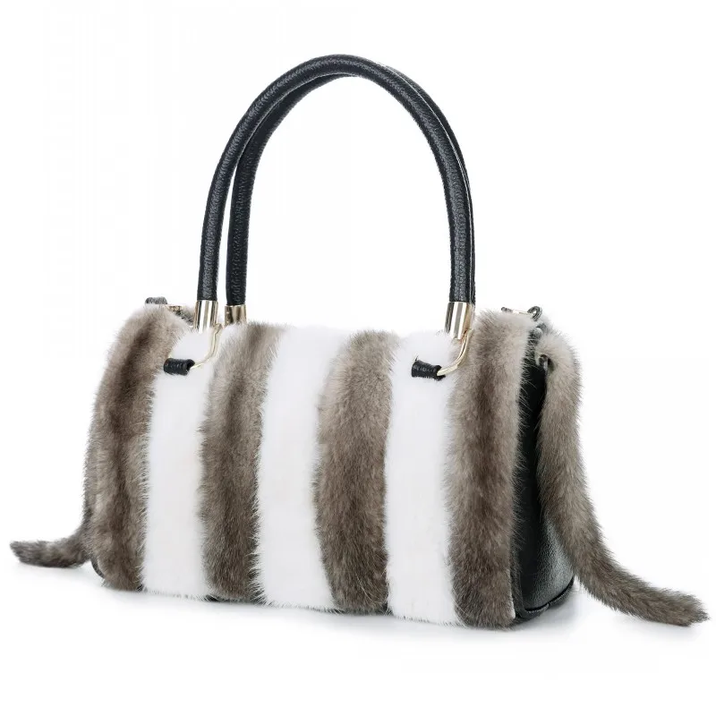vender Branco Cinza Listrado Pele De Vison Bolsas Femininas Bolsa De Couro Mochila Cruz Branca Vison Peles Listras Sacos Com Cauda