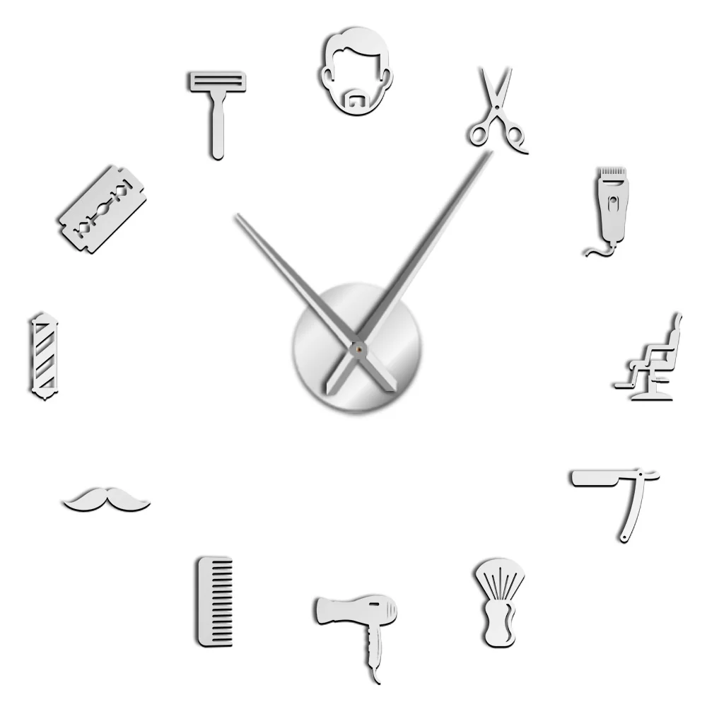 Silver Framless Male Barber Shop Acrylic Simple 3D DIY Wall Clocks Hair Stylist Hair Salon Decor Quiet Sweep Mirror Effect Clock Watch - Цвет: Silver