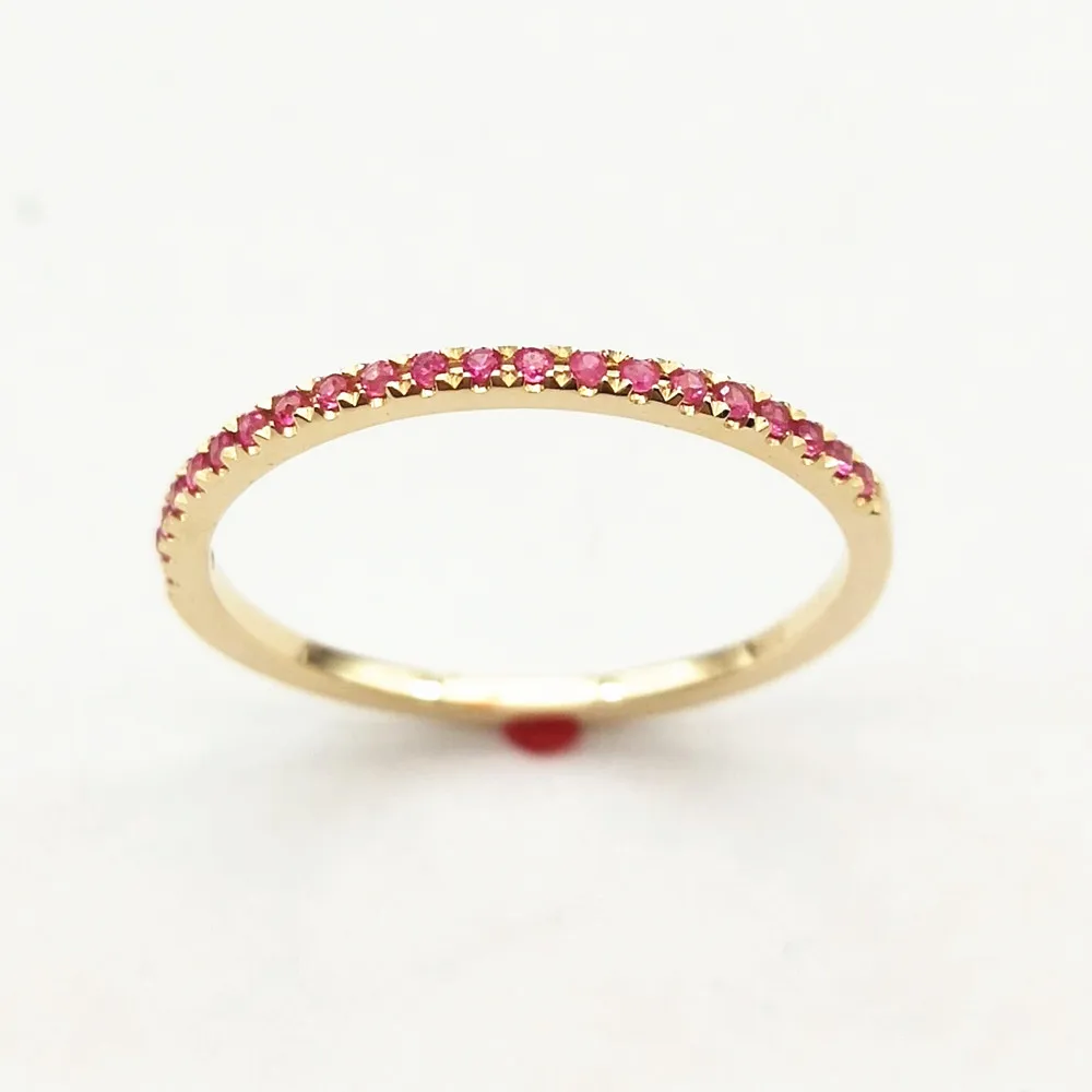 Stackable Pave блестящее подлинное кольцо с розовым сапфиром твердое 10K желтое золото